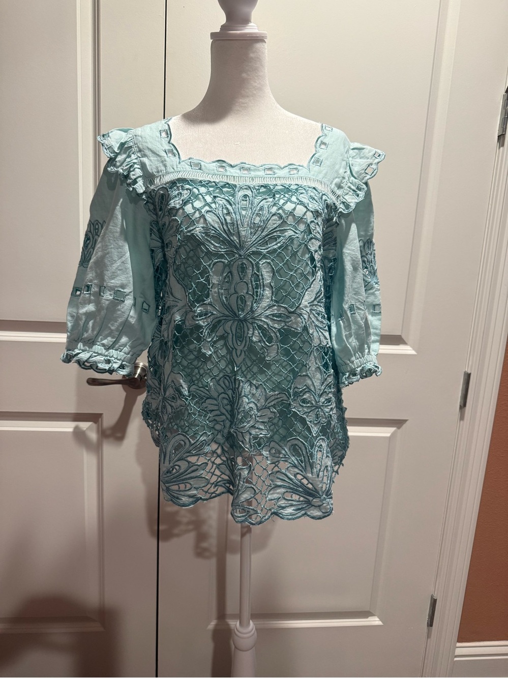 Sundance Light Blue Embroidered Square-Neck Women's Top